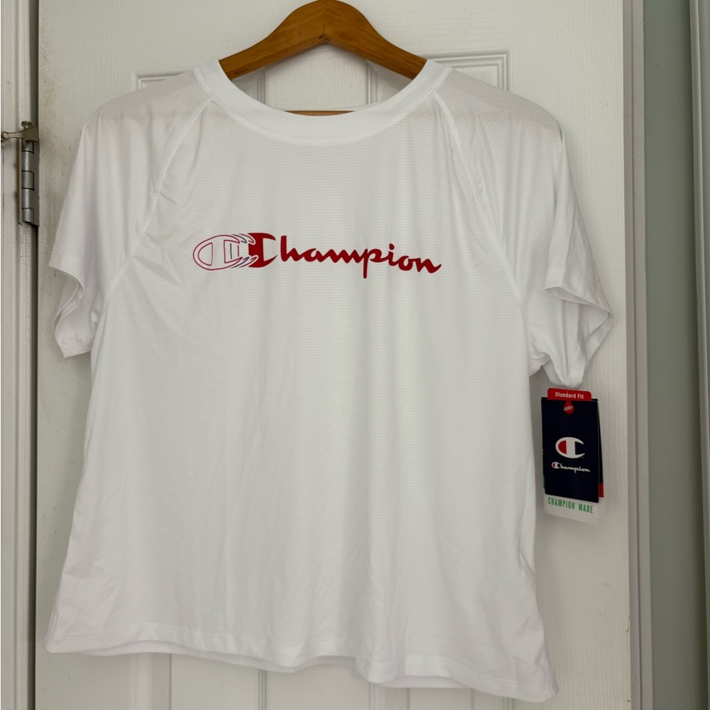 Champion Women's White Tee with Red Logo